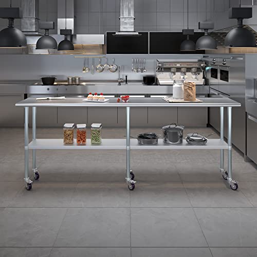 AmGood 96" Long x 18" Deep Stainless Steel Table with Casters - size: 96" Long x 18" Deep