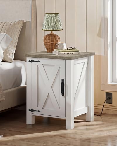 WLIVE White Farmhouse Nightstand with Charging Station, End Table with Barn Door and Adjustable Storage Shelf, Rustic Wood Night Stand, 18" Modern Bedside Table for Bedroom, White - color: White