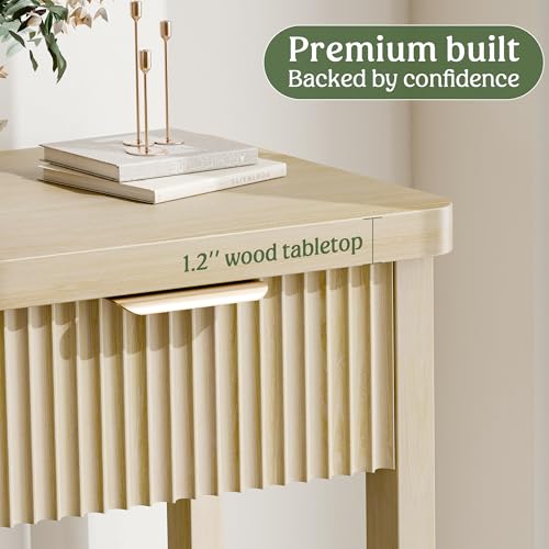 Fluted Console Table, 51 Inch Entryway Table with 3 Drawers | Scandi farmhouse look with quiet full-extension slides, open lower shelf, profile for hallway, entry, foyer or behind sofa. - color: Natural