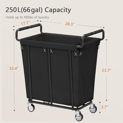Gewudraw Medium Laundry Hamper with Wheels, 250L, Black | Rolling Laundry Basket, Heavy Duty Rolling Laundry Cart with Handle, Steel Frame, Waterproof Liner, 66 Gallons - color: Black, size: 1-Section-250L
