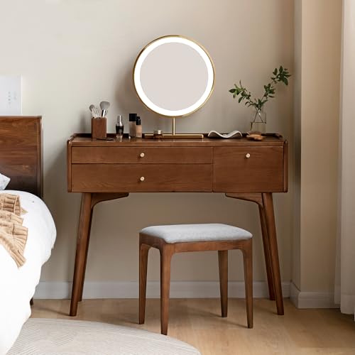 Small Vanity Desk, Solid Wood Dressing Table with Drawer Divider, Study Desk and Vanity Desk for Bedroom, Walnut Color, 18" D x 40" W x 32" H - color: Ash Wood-walnut, size: 40" W