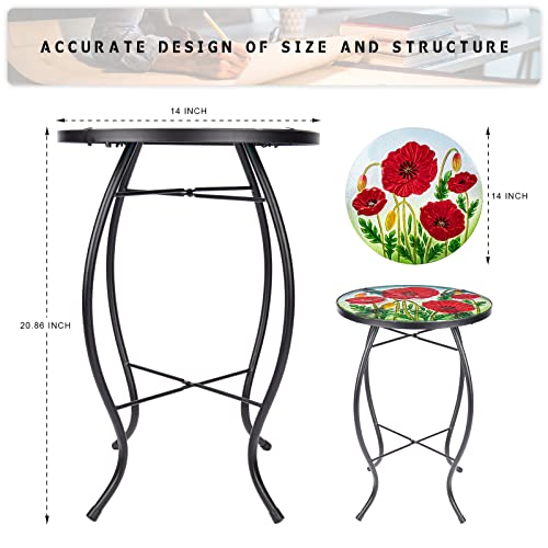 MUMTOP Outdoor Side Table - Small Mosaic Patio Tables, 14” Round Accent End Coffee Glass Plant Stand for Garden Living Room(Poppy) - color: Red Flower