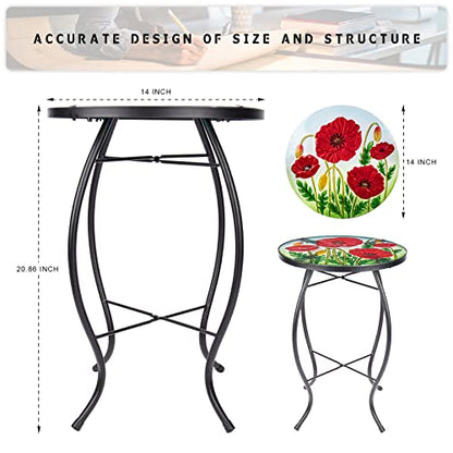 MUMTOP Outdoor Side Table - Small Mosaic Patio Tables, 14” Round Accent End Coffee Glass Plant Stand for Garden Living Room(Poppy) - color: Red Flower