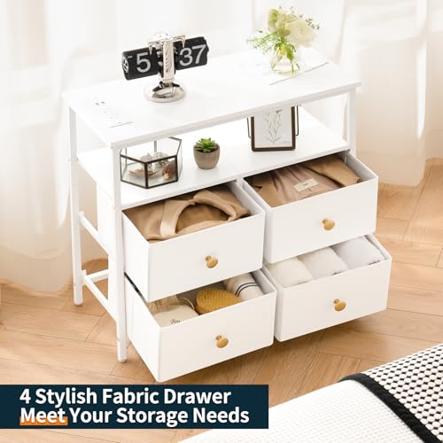 Yoobure Night Stand with Charge Station, Nightstand with 4 Drawers Bedside Table, LED Dresser with Storage Shelf, Night Stands for Bedroom, Side Table 3-Tier Wood End Table for Home, Office White - color: White