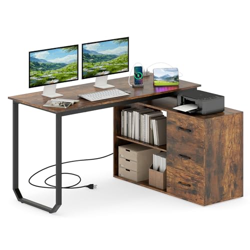 Tangkula 55" Reversible L Shaped Desk with 3 Drawers, Home Office Desk with Adjustable Shelf & Power Outlet, Study Writing Table, Computer Workstation for Small Space, Corner Desk (Rustic Brown) - color: Rustic Brown