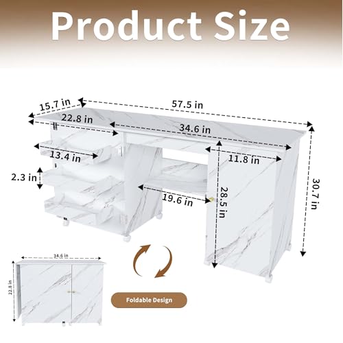 4-in-1 Folding Sewing Table with Storage, Sewing Desk Foldable with Lockable Wheels & Power Socket, Sewings Machine Cabinet & Craft Desk with Shelves, Compact Design (White, 57 Inch) - color: White, size: 57 Inch