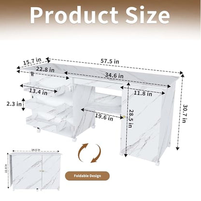 4-in-1 Folding Sewing Table with Storage, Sewing Desk Foldable with Lockable Wheels & Power Socket, Sewings Machine Cabinet & Craft Desk with Shelves, Compact Design (White, 57 Inch) - color: White, size: 57 Inch