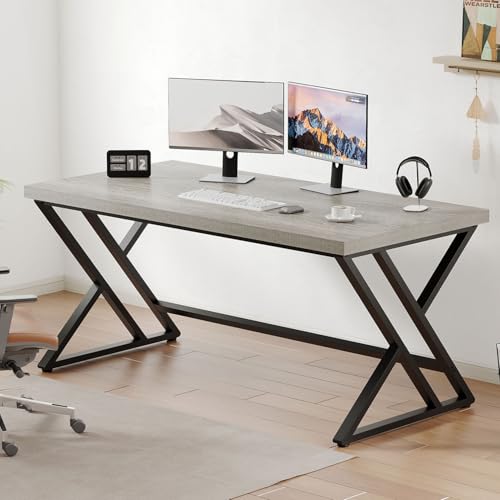 LVB Grey Desk, Industrial Wood Home Office Computer Desk for Bedroom, Farmhouse Metal Wooden Study Work PC Gaming Writing Table, Modern Simple Executive Writing Desk, 47 Inch, Light Gray - color: Light Grey Oak, size: 47 inch