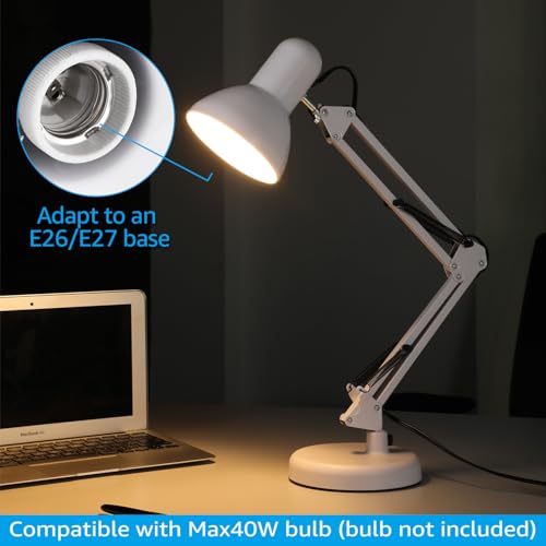 TORCHSTAR Metal Desk Lamp, Adjustable Swing Arm, E26, White | Architect Gooseneck Multi-Joint Clip Table Lamp with Plastic Clamp, for Home Office, Work, Study, Reading, Bulbs not Included - color: White