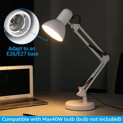 TORCHSTAR Metal Desk Lamp, Adjustable Swing Arm, E26, White | Architect Gooseneck Multi-Joint Clip Table Lamp with Plastic Clamp, for Home Office, Work, Study, Reading, Bulbs not Included - color: White