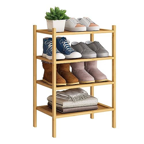 BMOSU 4-Tier Bamboo Small Shoe Rack Premium Stackable Shoe Shelf Storage Organizer for Hallway Closet Living Room Entryway Organizer(Natural) - color: Natural, size: Small-4-Tier（17*11*25.2inches）