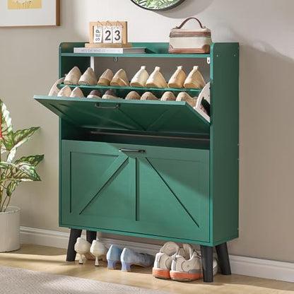 LEYAOYAO Shoe Cabinet Storage for Entryway with 2 Flip Drawers | Rack Narrow Organizer Slim Hidden Wood Shoe Cabinet Furniture - color: Green