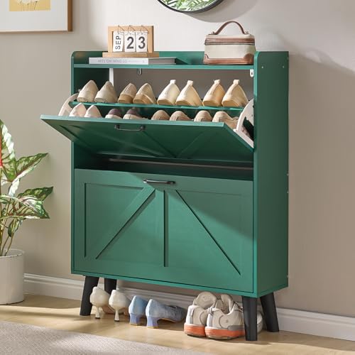 LEYAOYAO Shoe Cabinet Storage for Entryway with 2 Flip Drawers | Rack Narrow Organizer Slim Hidden Wood Shoe Cabinet Furniture - color: Green