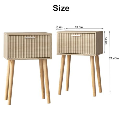 LAATOOREE Nightstands Set of 2, Small Side Table, Bedside Table with Fluted Door, Solid Wood Feet; Modern Mid-Century End Table for Bedroom, Small Space (Natural) - color: Natural, style: Fluted Style