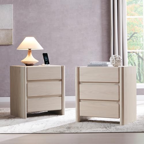 25" Tall Modern Nightstand Set of 2, 23.6" W Night Stand with Charging Station & 3 Handleless Storage Drawers, Wood Nightstands w/Rounded Corner Design for Bedroom(Cream) - color: Cream, size: 3 Drawers