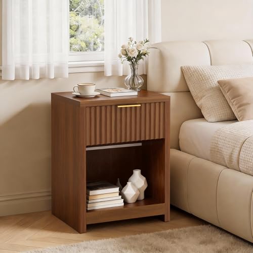 Fluted Nightstands Set of 2, Wooden Night Stand with Drawer Storage, Modern Mid Century End Table,for Bedroom Living Room Sofa Couch Home Office,Walnut