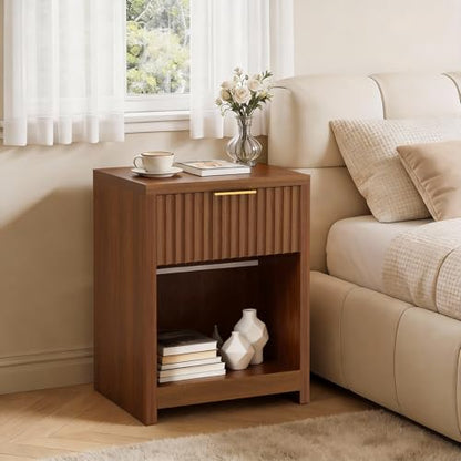 Fluted Nightstands Set of 2, Wooden Night Stand with Drawer Storage, Modern Mid Century End Table,for Bedroom Living Room Sofa Couch Home Office,Walnut