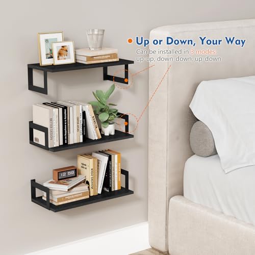 Harwaya Wall Mounted Bookshelf, Floating Bookshelves for Bedroom, 17 Inches Long Wall Mount Book Shelves for Living Room Office Books, Black Wall Book Holder Bookcase (Set of 3) - color: Black