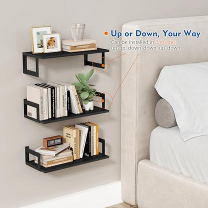 Harwaya Wall Mounted Bookshelf, Floating Bookshelves for Bedroom, 17 Inches Long Wall Mount Book Shelves for Living Room Office Books, Black Wall Book Holder Bookcase (Set of 3) - color: Black