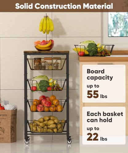 Fruit Vegetable Storage Cart for Kitchen, 5-Tier Vegetable Stand Rack with Pull-Out Fruit Baskets, Rolling Snack Cart with Wood Top & Banana Holder for Pantry, Living Room, Bathroom, Black - style: Black