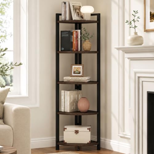 Rustic Tall Corner Shelf, 5 Tier Industrial Corner Bookshelf for Living Room, Dark Wood and Metal Corner Plant Stand for Home Office (Walnut Brown) - color: Walnut Brown