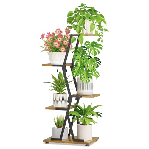 iDavosic.ly 4 Tier Indoor Plant Stand, Corner Tall Metal & Wood Flower Shelf, Orchid Display Rack for Living Room Balcony Patio Porch, Space Saving & Multifunctional Display, Black & Brown - color: Black and Brown, size: 4 Tiers | No Light
