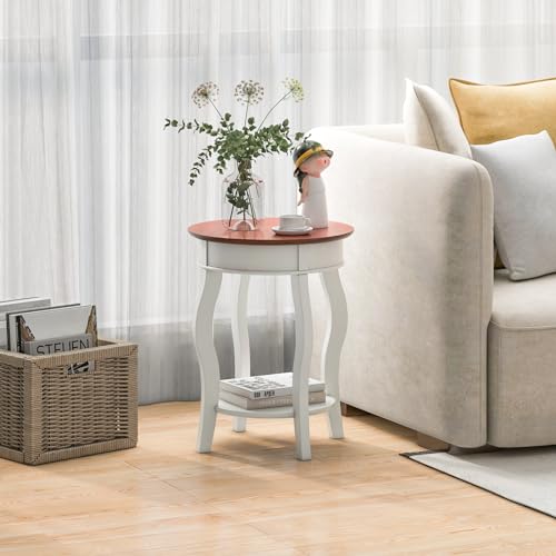 GOFLAME 2-Tier Round End Table, Compact Nightstand with Storage Shelf & Solid Wood Curved Legs, Accent Table, Mid-Century Sofa Side Tables for Living Room, Bedroom, Small Space, White