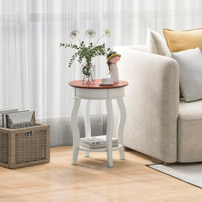 GOFLAME 2-Tier Round End Table, Compact Nightstand with Storage Shelf & Solid Wood Curved Legs, Accent Table, Mid-Century Sofa Side Tables for Living Room, Bedroom, Small Space, White