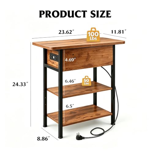 WLIVE 3-Tier End Table with Charging Station, Flip Top Narrow Side Table with Storage Shelf, Small Nightstand with USB Ports and Outlets,Bedside Table for Living Room, Bedroom - color: Rustic Brown