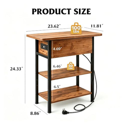 WLIVE 3-Tier End Table with Charging Station, Flip Top Narrow Side Table with Storage Shelf, Small Nightstand with USB Ports and Outlets,Bedside Table for Living Room, Bedroom - color: Rustic Brown
