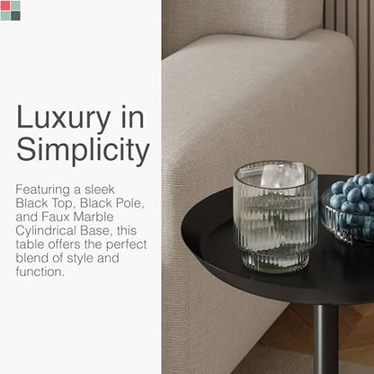 Round Metal Drink Table with Black Top and Faux Marble Base – Small Pedestal Side Table for Living Room, Bedroom, or Office – Modern Black Round Cocktail Table, Easy Assembly, Scratch-Resistant - color: Black, style: Cylinder Base