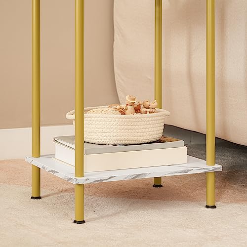 HOOBRO Side Table with Charging Station, Set of 2 End Tables with USB Port and Outlet, Nightstand with 2-Layer Storage Shelves for Small Spaces, Living Room, Bedroom, Gold and Marble DM09UBZP201 - color: Marble + Gold