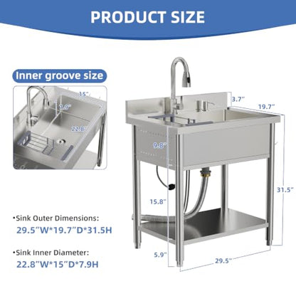 Stainless Steel Utility Sink, 29.5" Single Bowl Freestanding Laundry Sink with 360° Hot & Cold Water Faucet, Hoses & Drain Kit, Outdoor/Indoor Commercial Sink for Kitchens, Garage, Laundry Room - size: 29.54" x 19.7" x 35.2"