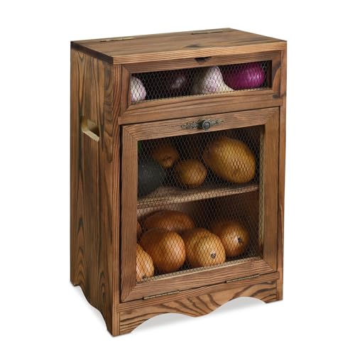 Ikee Design Free Assemble Wood Countertop Potato and Onion Storage Cabinet | Pine wood countertop cabinet with removable shelf stores bread, potatoes, onions and pantry essentials; fully assembled. - color: Rustic Brown, 2 Door