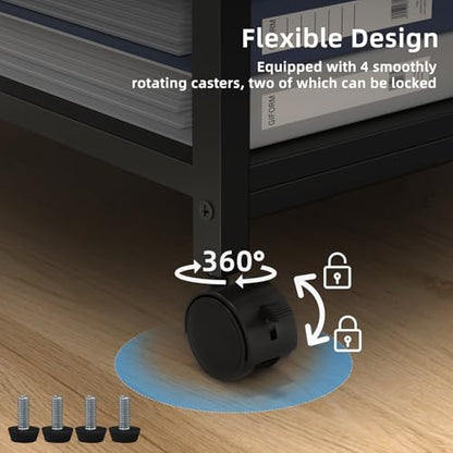 Lerliuo 24" Wide Large Printer Stand with Storage, Black | Printer Table for Home Office with Charging Station, 3 Tier Industrial Mobile Printer Cart with Lockable Wheels - color: Black