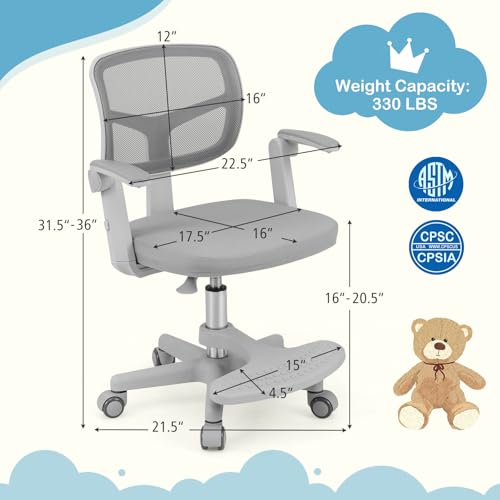 HONEY JOY Kids Desk Chair, Children Study Chair with Adjustable Height/Armrest/Footrest, Swivel Rolling Mesh Task Student Chair, Kids Computer Chair for Teens Girls Boys, Home, School, Office (Grey) - color: Grey