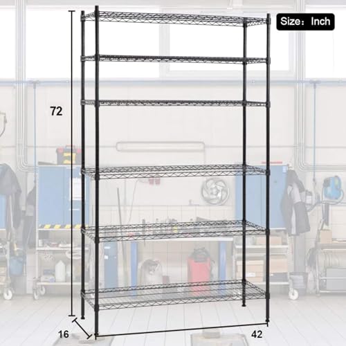 Meet perfect 6-Tier Wire Shelving Unit, 72" H x 42" W x 16" D Heavy Duty Metal Storage Shelves, 1500LBS Total Weight Capacity Adjustable Standing Shelf Rack with Leveling Feet - color: Black, size: 6-Tier, 72"H × 42"W × 16"D