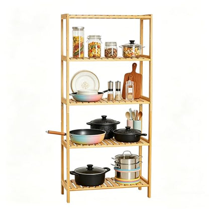 IDEALHOUSE Bamboo Storage Shelf, 5-Tier Freestanding Bathroom Organizer, Narrow Corner Shelving Unit for Entryway, Bathroom, Living Room, Balcony, Kitchen, Natural Bamboo, Widen-Wood