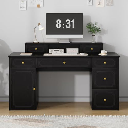 Catrimown Black Desk with 7 Drawers, 54 Inch Computer Desk with Cabinet for Work Writing Study, Vanity Desk with Golden Handle for Girls, Bedroom - color: Black