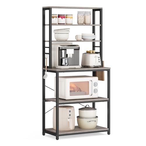VASAGLE Coffee Bar, 23.6 Inches Baker's Rack for Kitchen with Storage, 6-Tier Kitchen Shelves with 6 Hooks, Microwave Stand, Industrial, Heather Greige and Ink Black UKKS024B02 - color: Heather Greige + Ink Black, size: 23.6"W, style: No Power Outlet