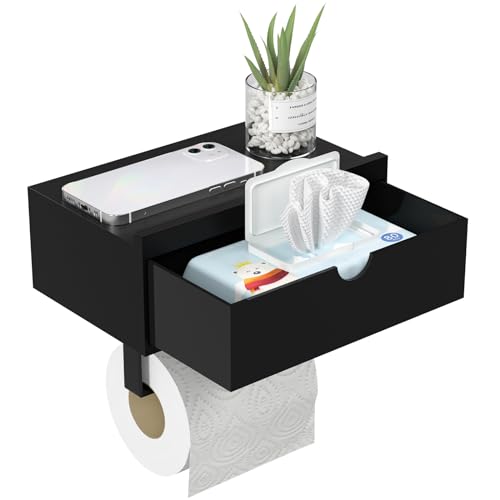 Domax Black Toilet Paper Holder with Shelf,Wall Mount/Adhesive Bathroom Toilet Paper Holder,Bamboo Wood Tissue Toilet Roll Holder with Storage Drawer for Organizer Wipes,Fits Any Room, Large - color: Black