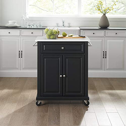 Crosley Furniture Compact Stone Top Small Rolling Cart with Shelves, Microwave Stand with Towel Rack, Black - color: Black, style: White Granite Top