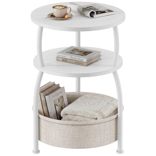 Round Side Table with Storage Basket, End Table Living Room, 15.7in | Side Tables Bedroom, 3-Tier Small End Table for Living Room, Garden, Corner Tables,Small spaces,Wooden, 24in Tall - color: Matte White, size: 15.75" Dia