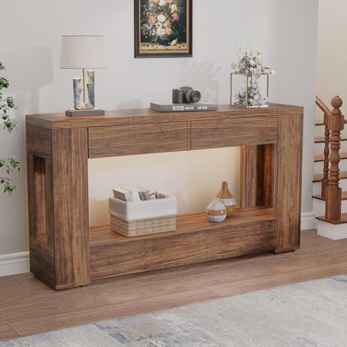 Farmhouse Entryway Table with Storage Drawers and LED Lighting, 55 Inch Long Narrow Console Sofa Table for Hallway Table Entrance Living Room, Rustic Brown