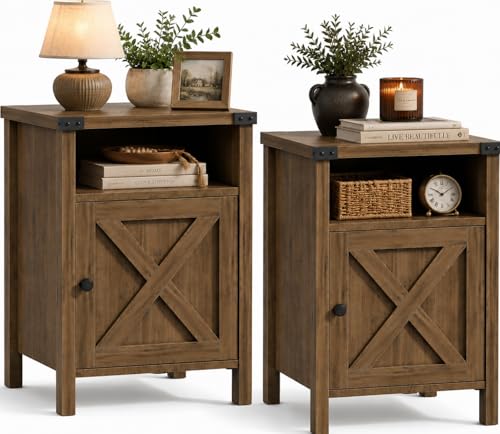 Farmhouse End Table, Nightstand with Barn Door and Shelf,Set of 2,Oak | End Tables,Wooden Sofa Side Table, Modern Bed Side Table Rustic Nightstands, Bedroom, Living Room - color: Oak