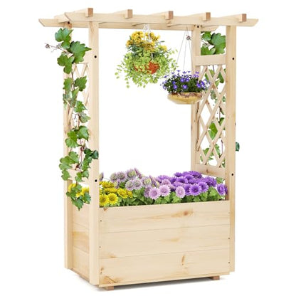 Giantex Raised Garden Bed with Sided Trellis & Hanging Roof, Wood Planter Box, Freestanding Garden Planter Raised Bed for Flowers Herbs Climbing Vines 31”x16”x41” (L x W x H) - color: Natural, size: 31”x16”x41”
