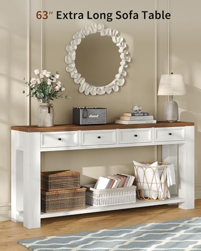 FUSOU 63 Inch Console Table, Sofa Table Behind Couch, Entryway Table with 4 Drawers & Open Shelf, Farmhouse Sofa Table for Living Room (White) - color: White