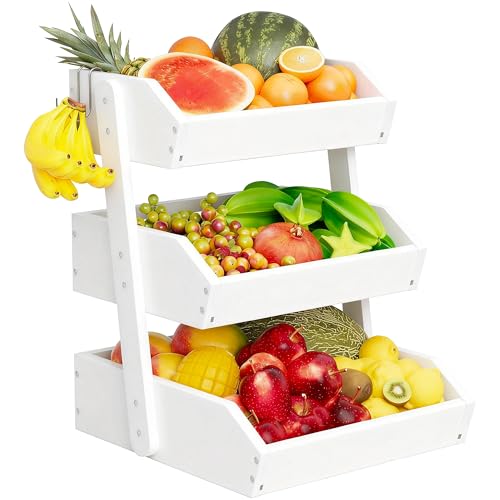 Hellojin Bamboo 3 Tier Fruit Basket For Counter, Large Capacity Fruit Storage Countertop, Fruit Holder, Wooden Pantry Organizers and Storage, Kitchen Countertop Organizer With 2 Banana Hangers (White) - color: White-3 tier