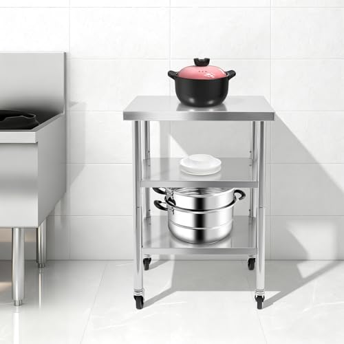24"x18"x35" 3-Tier Industrial Workstation, Heavy Duty Stainless Steel Table with Adjustable Shelves, 425 lbs Top Load, 4 Swivel Casters and Leveling Feet for Home or Commercial Use - size: 24 X 18 X 35 Inches