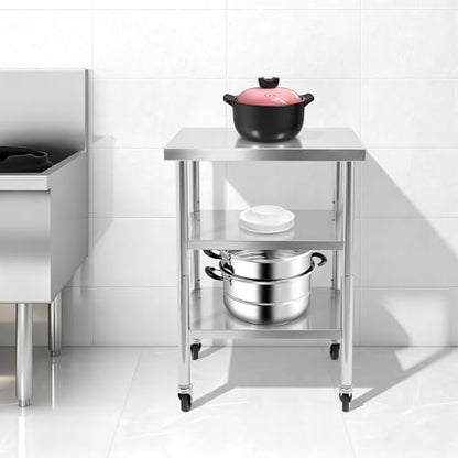 24"x18"x35" 3-Tier Industrial Workstation, Heavy Duty Stainless Steel Table with Adjustable Shelves, 425 lbs Top Load, 4 Swivel Casters and Leveling Feet for Home or Commercial Use - size: 24 X 18 X 35 Inches